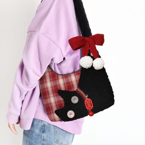 MiniRedPlaidPlushCatBowShoulderBag3