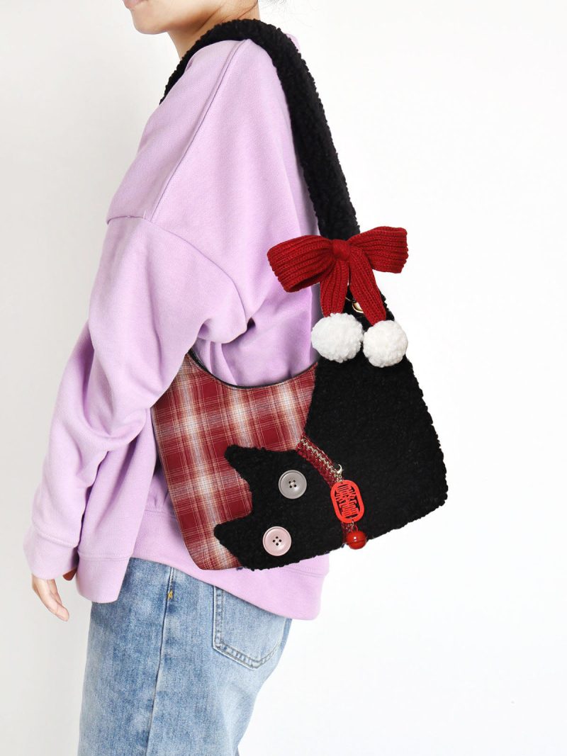 MiniRedPlaidPlushCatBowShoulderBag3