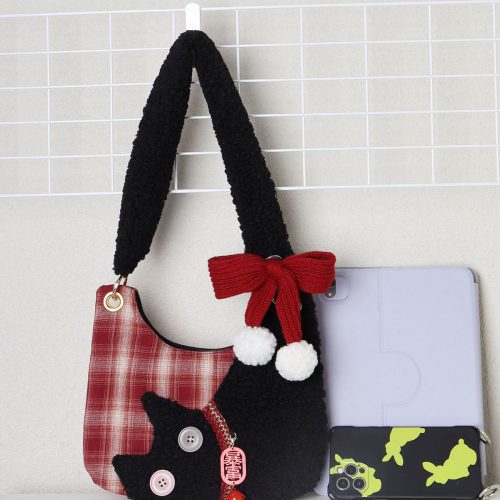 MiniRedPlaidPlushCatBowShoulderBag4