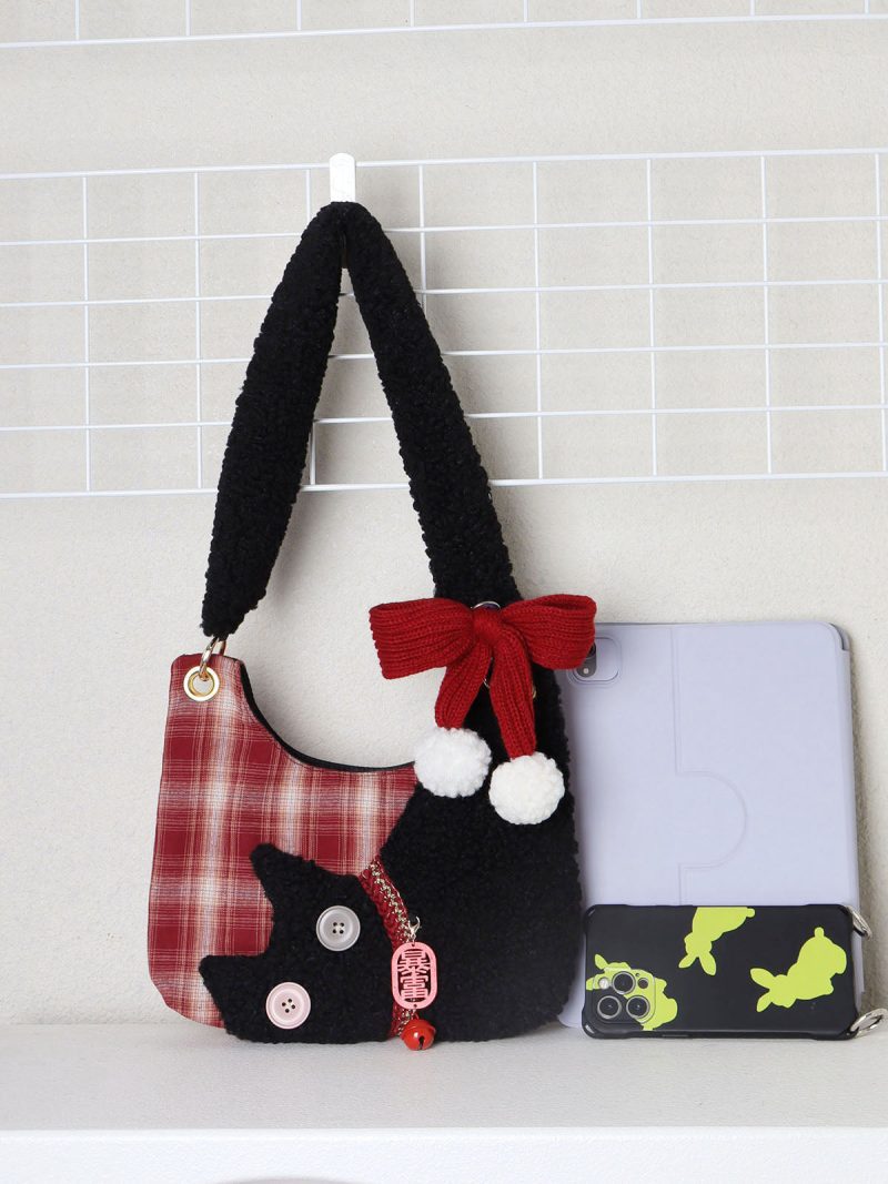 MiniRedPlaidPlushCatBowShoulderBag4