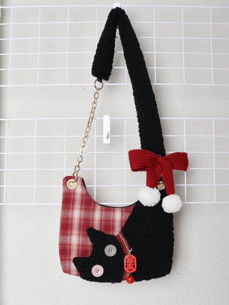 MiniRedPlaidPlushCatBowShoulderBag5