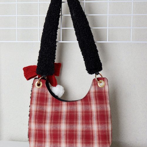 MiniRedPlaidPlushCatBowShoulderBag9