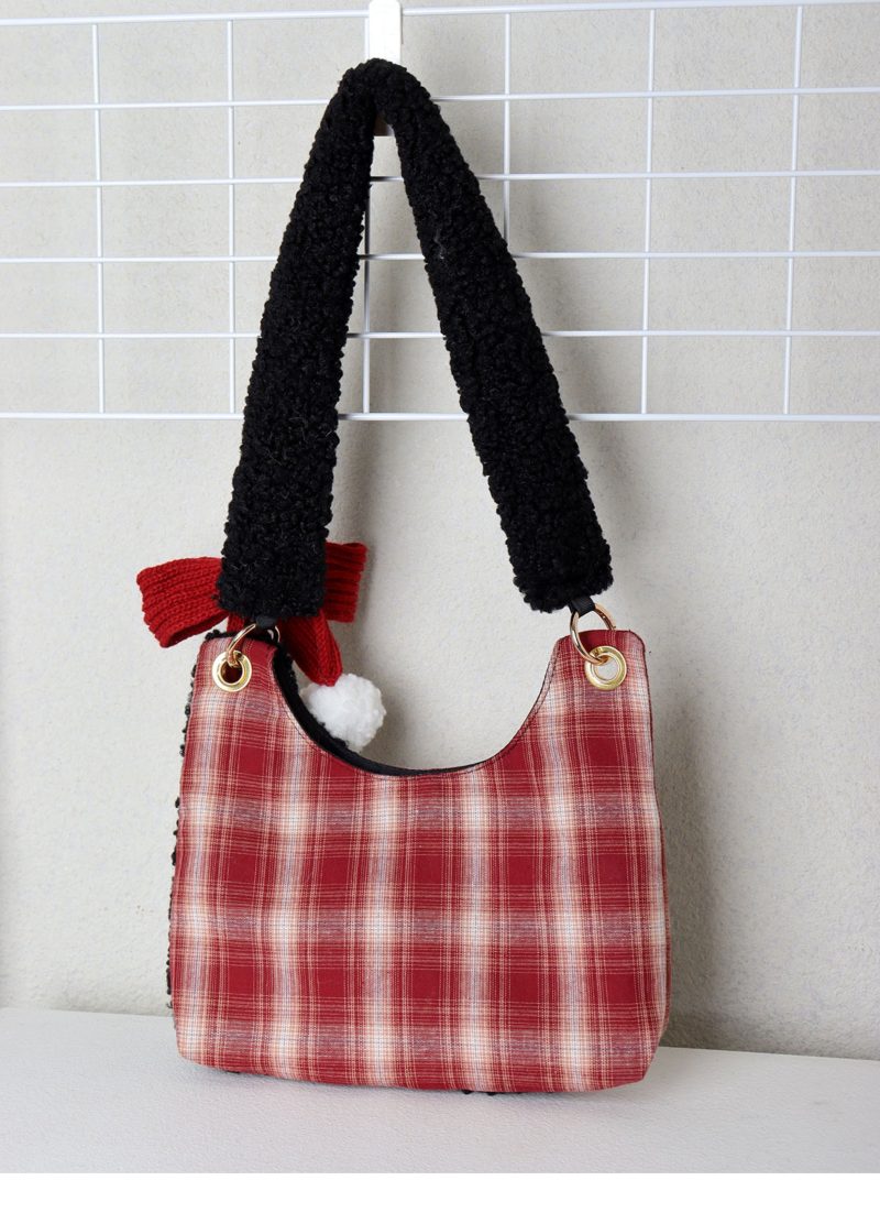 MiniRedPlaidPlushCatBowShoulderBag9