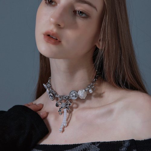 PearlBeadedBowPendantFlowerChoker3