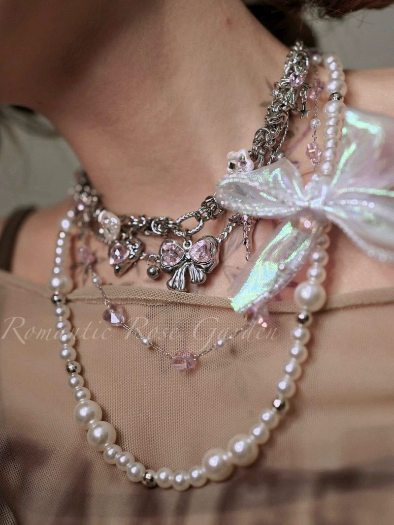 PinkBalletBowPearlChoker7