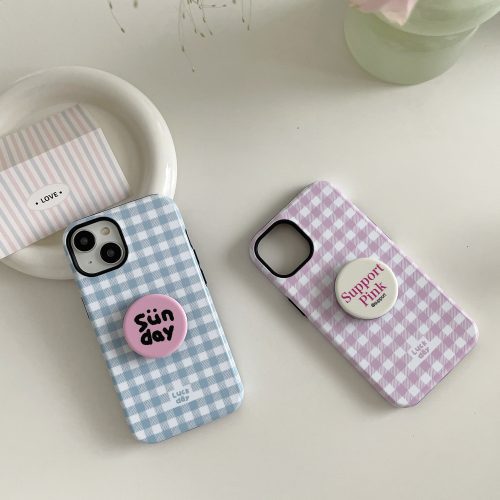 PinkBluePlaidDoubleLayerCouplePhoneCase14