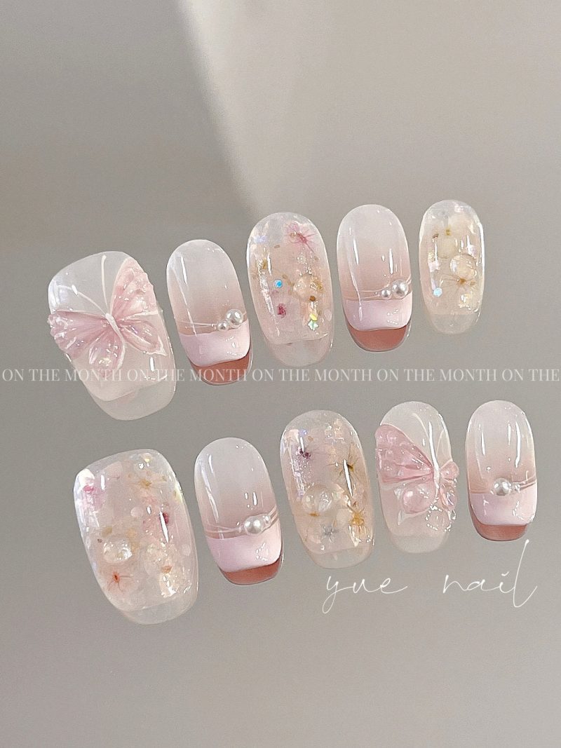 PinkButterflyDriedFlowerCoquettePressOnNailsSet2