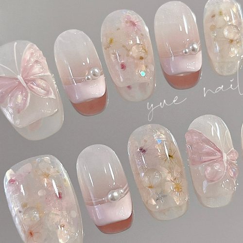 PinkButterflyDriedFlowerCoquettePressOnNailsSet3