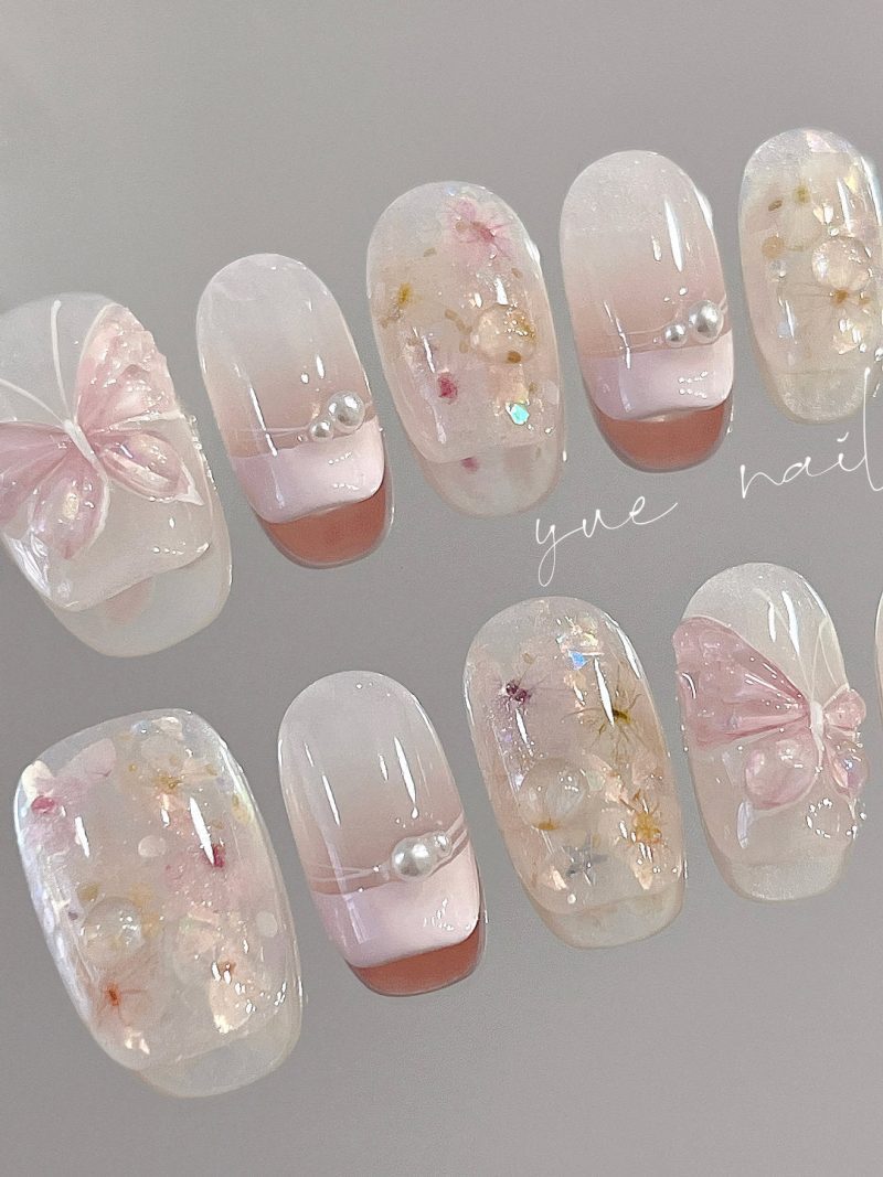 PinkButterflyDriedFlowerCoquettePressOnNailsSet3