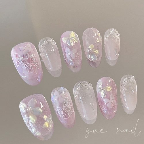 PinkButterflyFlowerPressOnNailsSet3