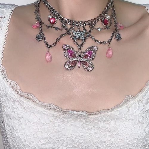 PinkButterflyPendantTasselLayeredNecklaceWaistChain2