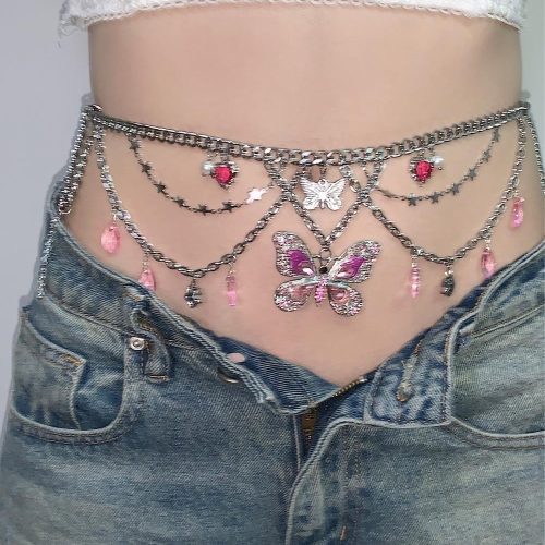 PinkButterflyPendantTasselLayeredNecklaceWaistChain5