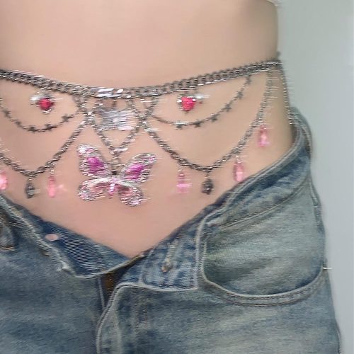 PinkButterflyPendantTasselLayeredNecklaceWaistChain6