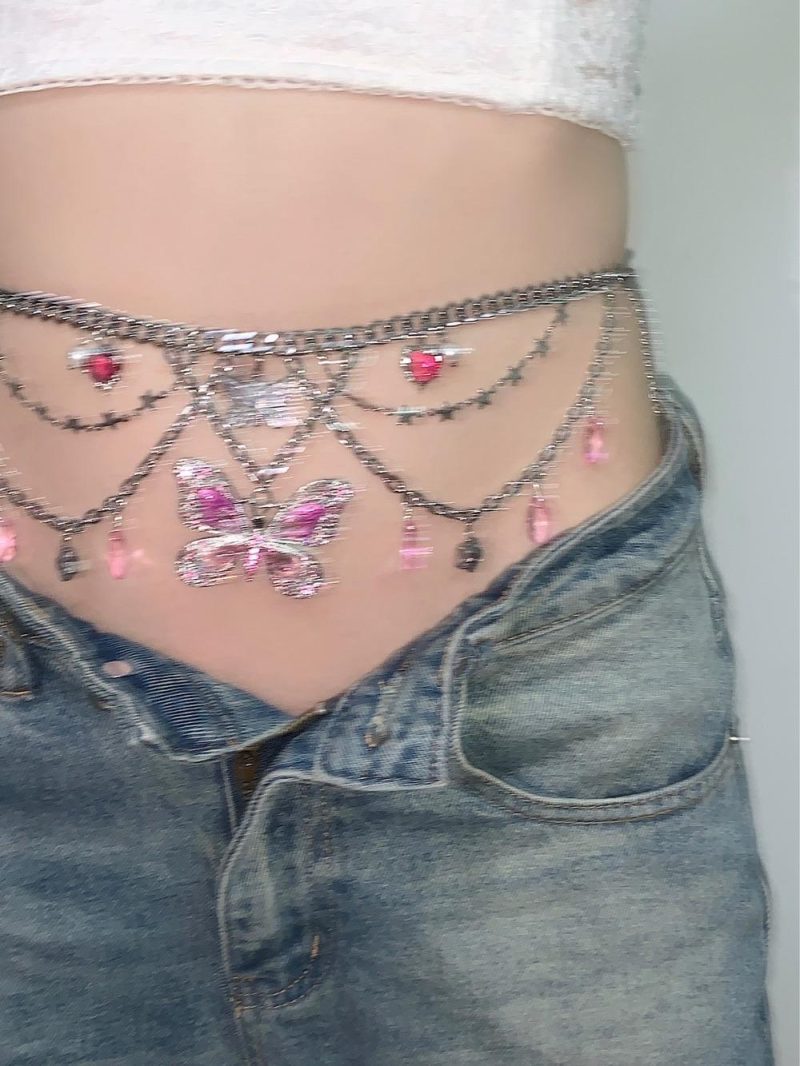 PinkButterflyPendantTasselLayeredNecklaceWaistChain6