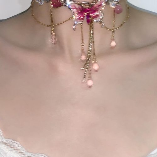 PinkButterflyPendantTasselNecklaceWaistChain1