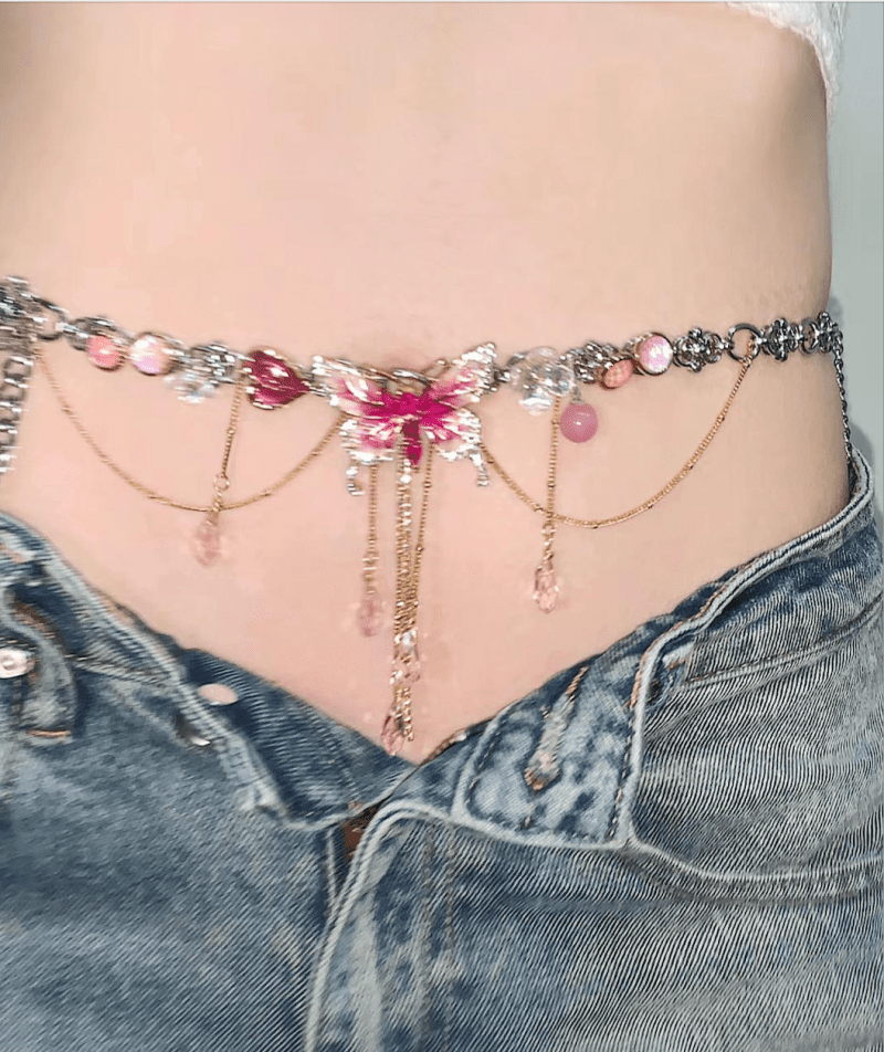 PinkButterflyPendantTasselNecklaceWaistChain1