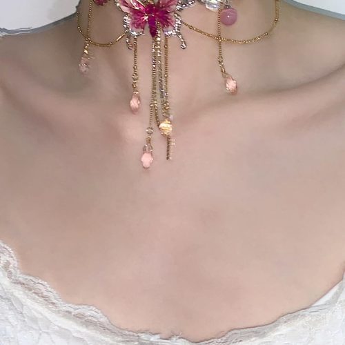 PinkButterflyPendantTasselNecklaceWaistChain2