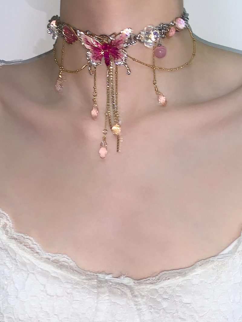 PinkButterflyPendantTasselNecklaceWaistChain2