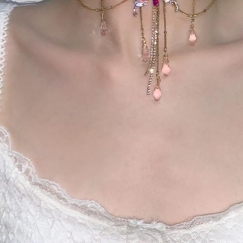 PinkButterflyPendantTasselNecklaceWaistChain3