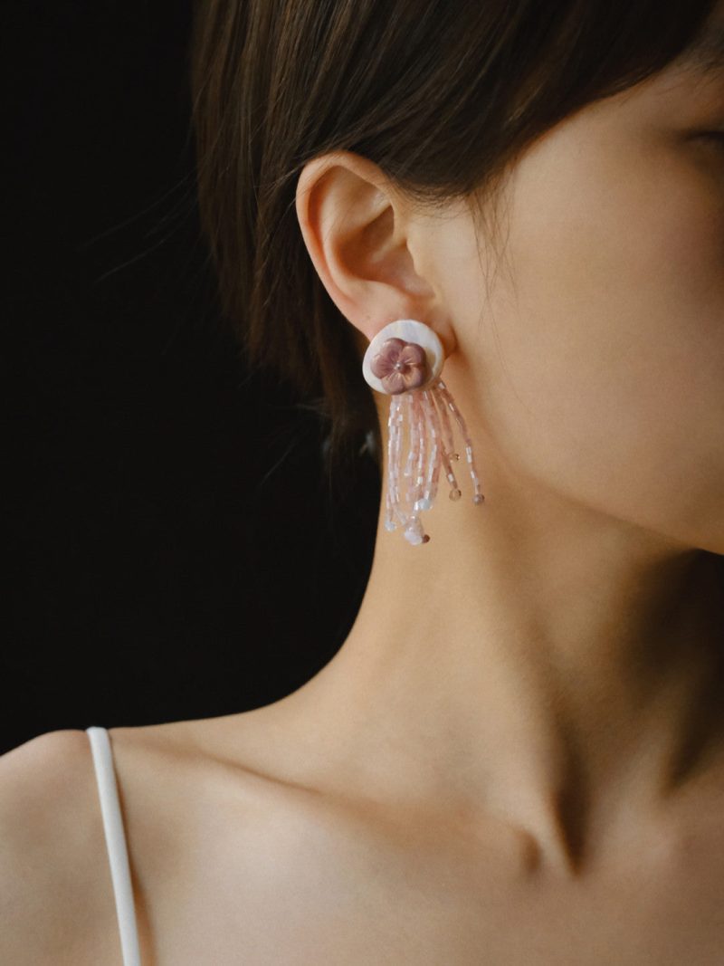 PinkFlowerBeadedTasselEarrings2