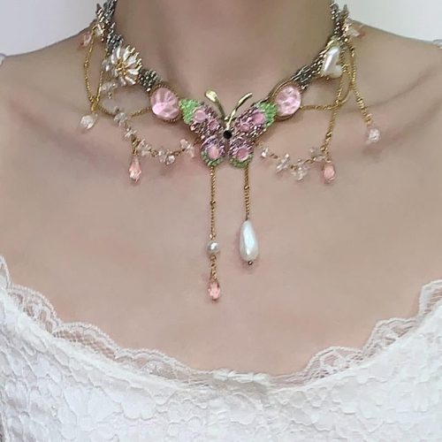 PinkGreenButterflyTasselChoker3