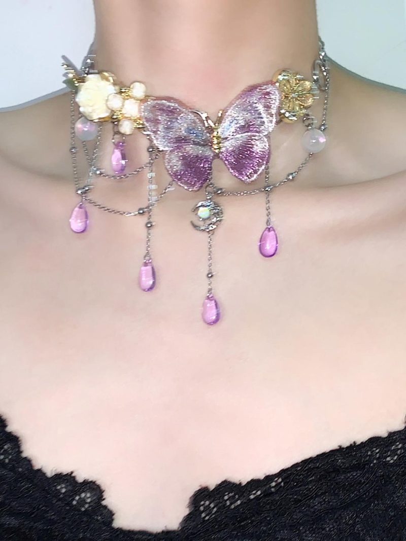 PurpleButterflyFlowerTasselChoker1