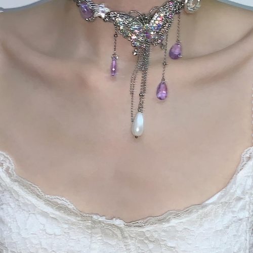 PurpleButterflyFlowerTasselChoker10