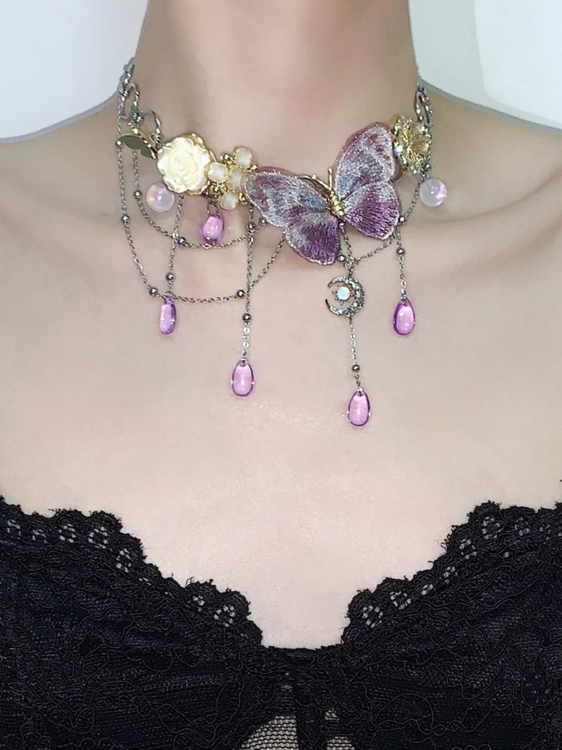 PurpleButterflyFlowerTasselChoker3