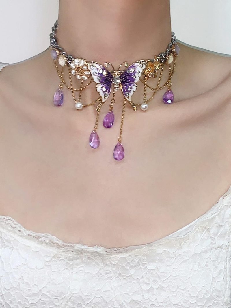 PurpleButterflyFlowerTasselChoker5