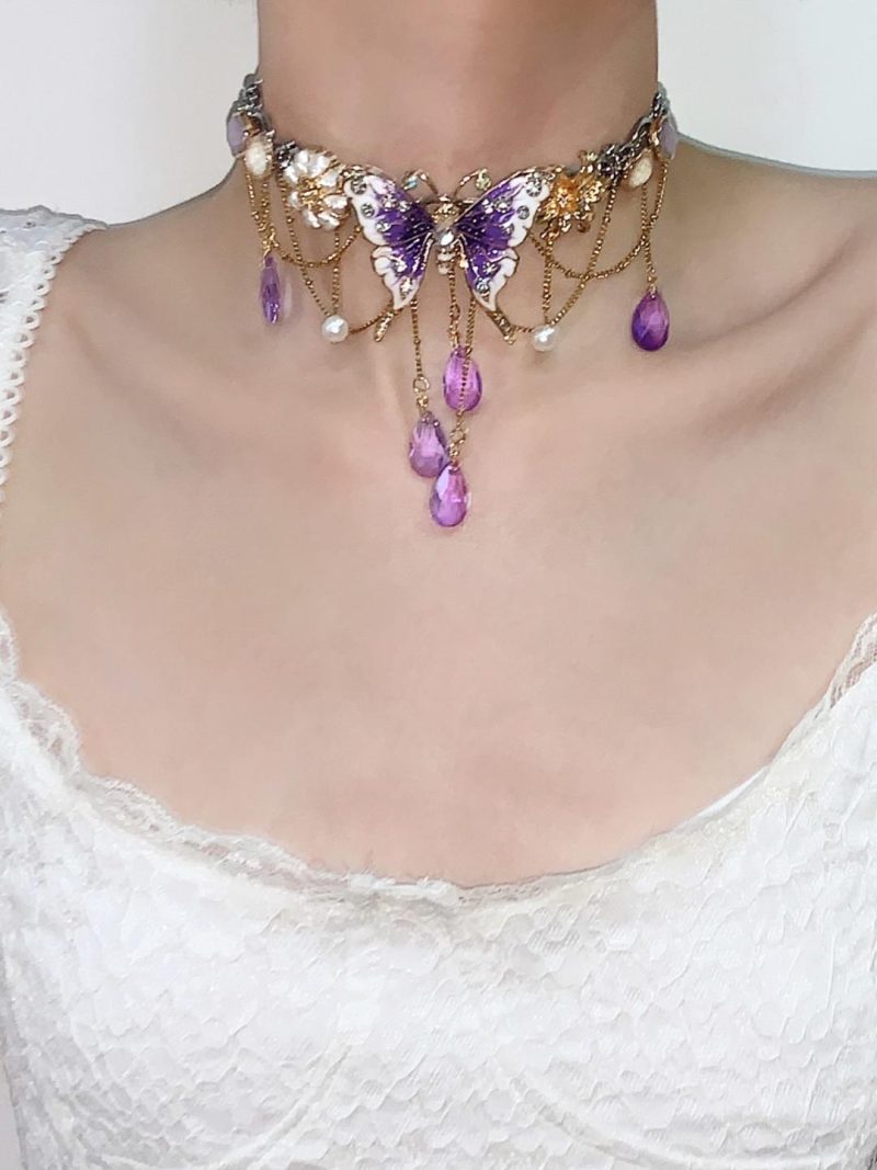 PurpleButterflyFlowerTasselChoker7