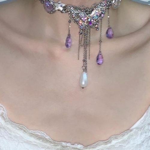 PurpleButterflyFlowerTasselChoker9