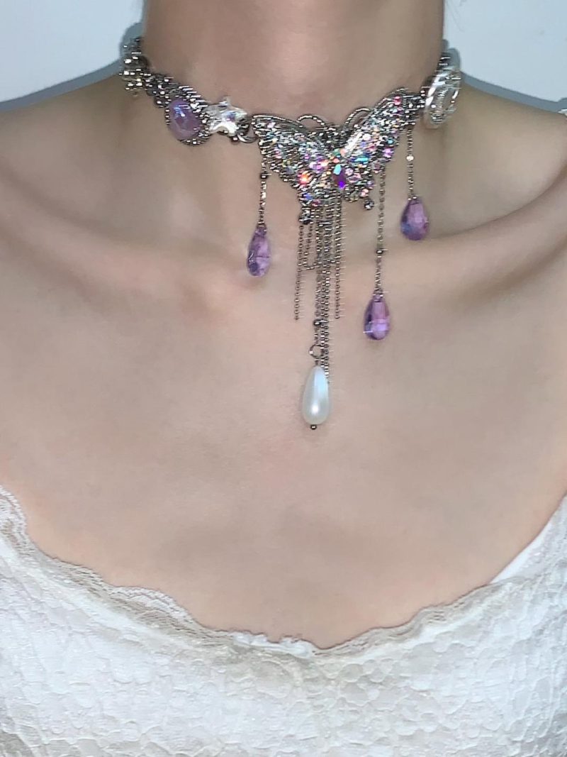 PurpleButterflyFlowerTasselChoker9