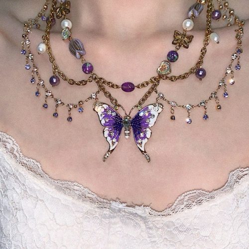 PurpleButterflyPendantTasselLayeredNecklaceWaistChain1