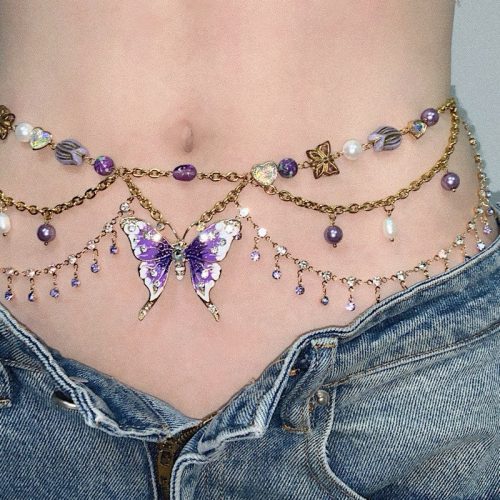 PurpleButterflyPendantTasselLayeredNecklaceWaistChain4