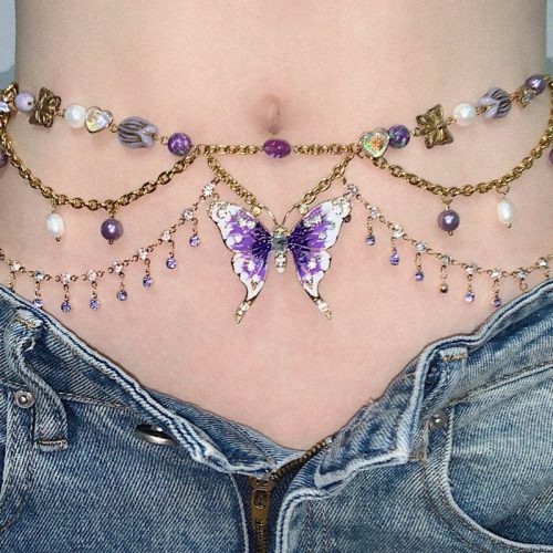 PurpleButterflyPendantTasselLayeredNecklaceWaistChain6