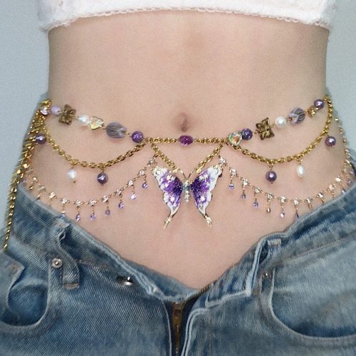 PurpleButterflyPendantTasselLayeredNecklaceWaistChain7