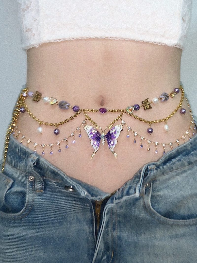 PurpleButterflyPendantTasselLayeredNecklaceWaistChain7