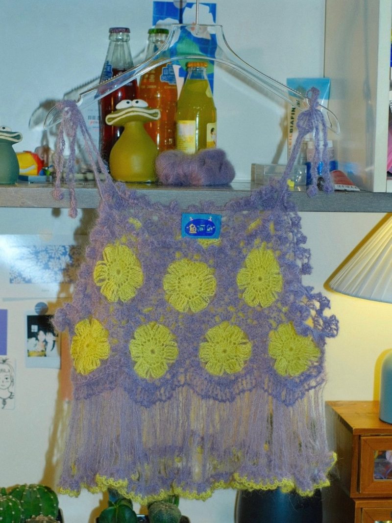 PurpleYellowFlowerTasselHandmadeCrochetTop1