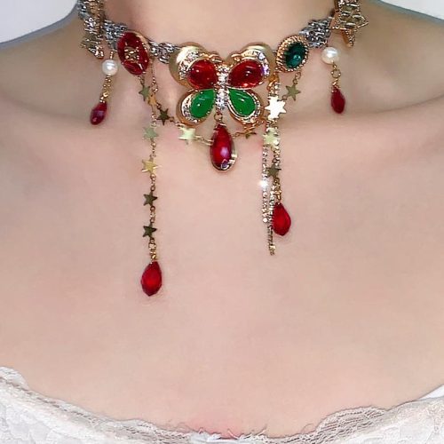 RedGreenButterflyTasselChoker1