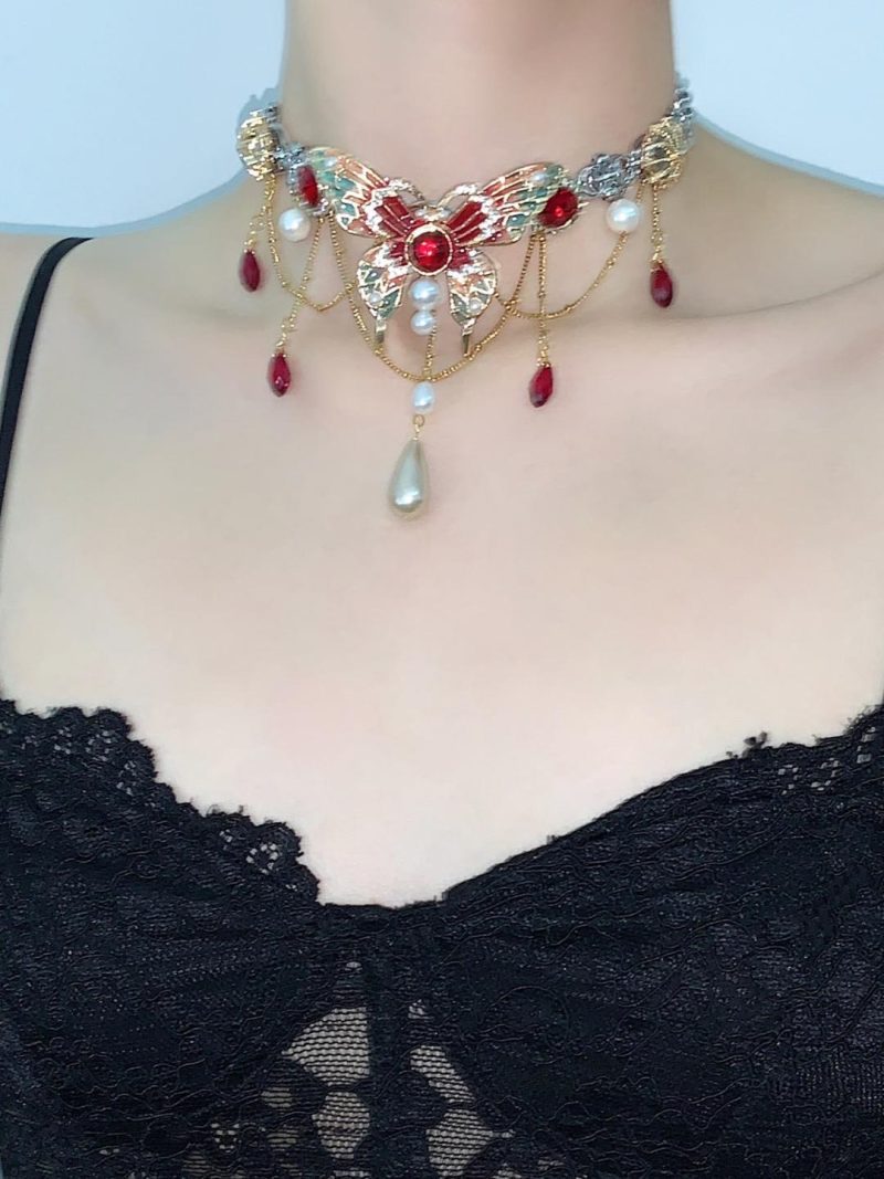 RedGreenButterflyTasselChoker7