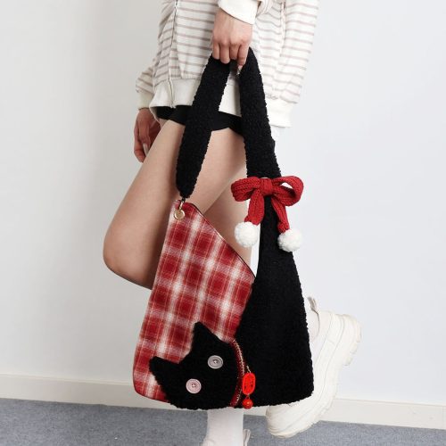 RedPlaidPlushCatBowShoulderBag1