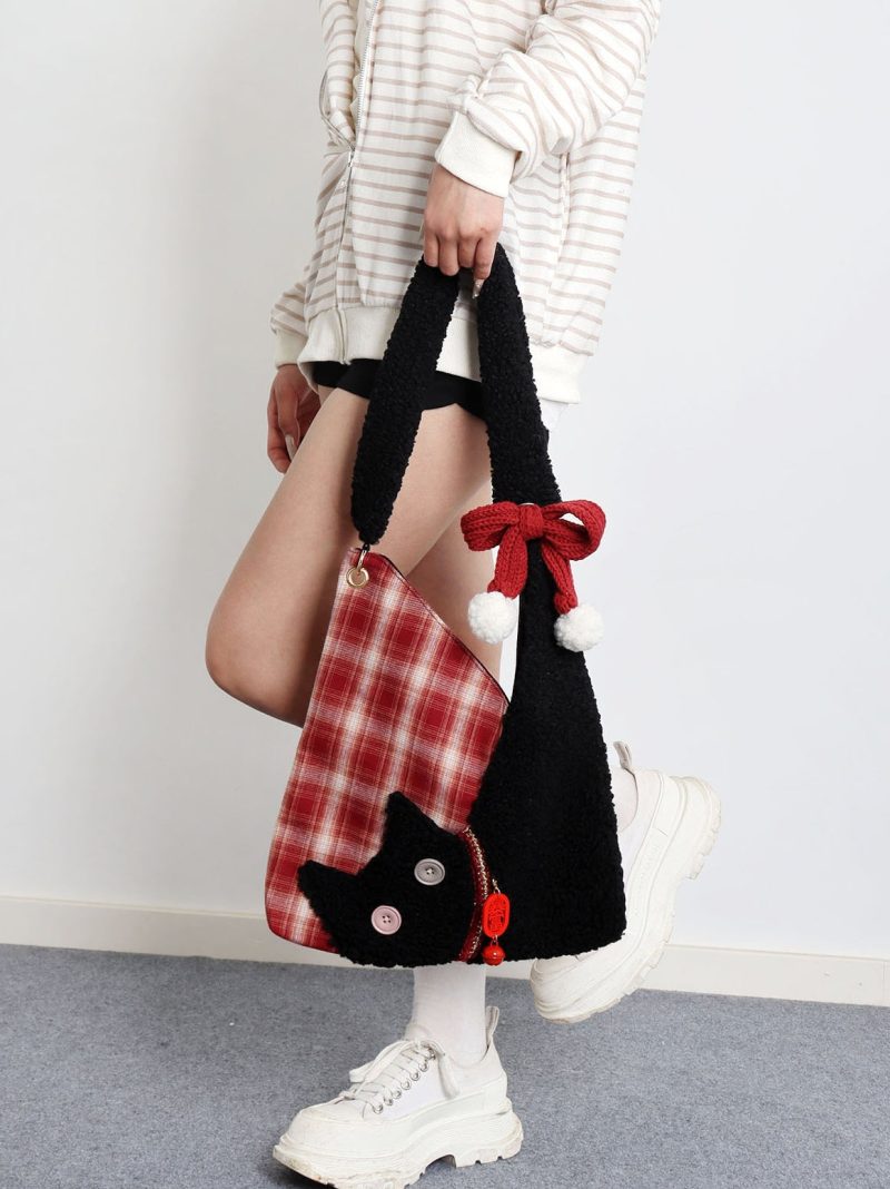 RedPlaidPlushCatBowShoulderBag1