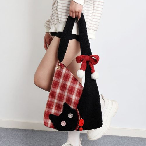 RedPlaidPlushCatBowShoulderBag13