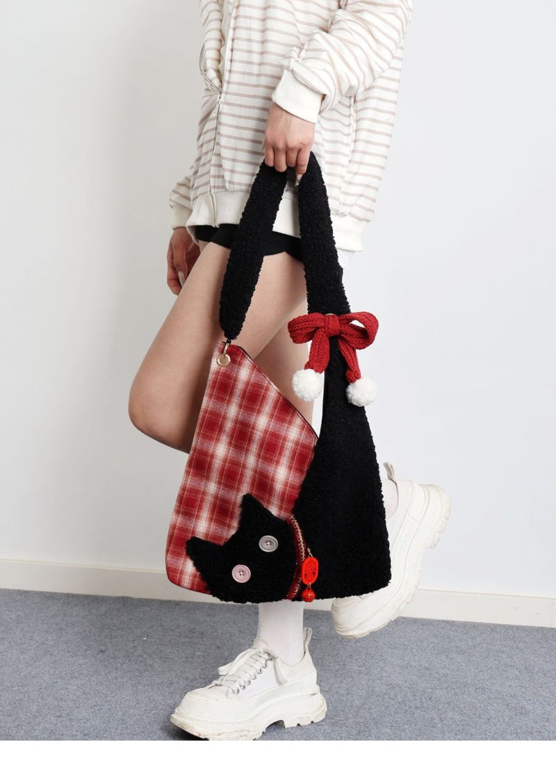 RedPlaidPlushCatBowShoulderBag13