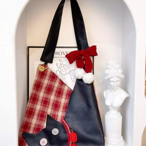 RedPlaidPlushCatBowShoulderBag17