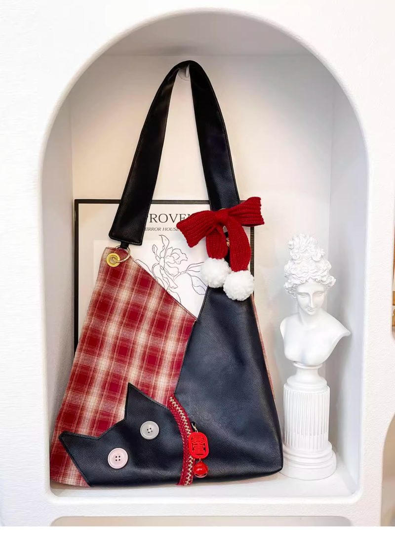 RedPlaidPlushCatBowShoulderBag17