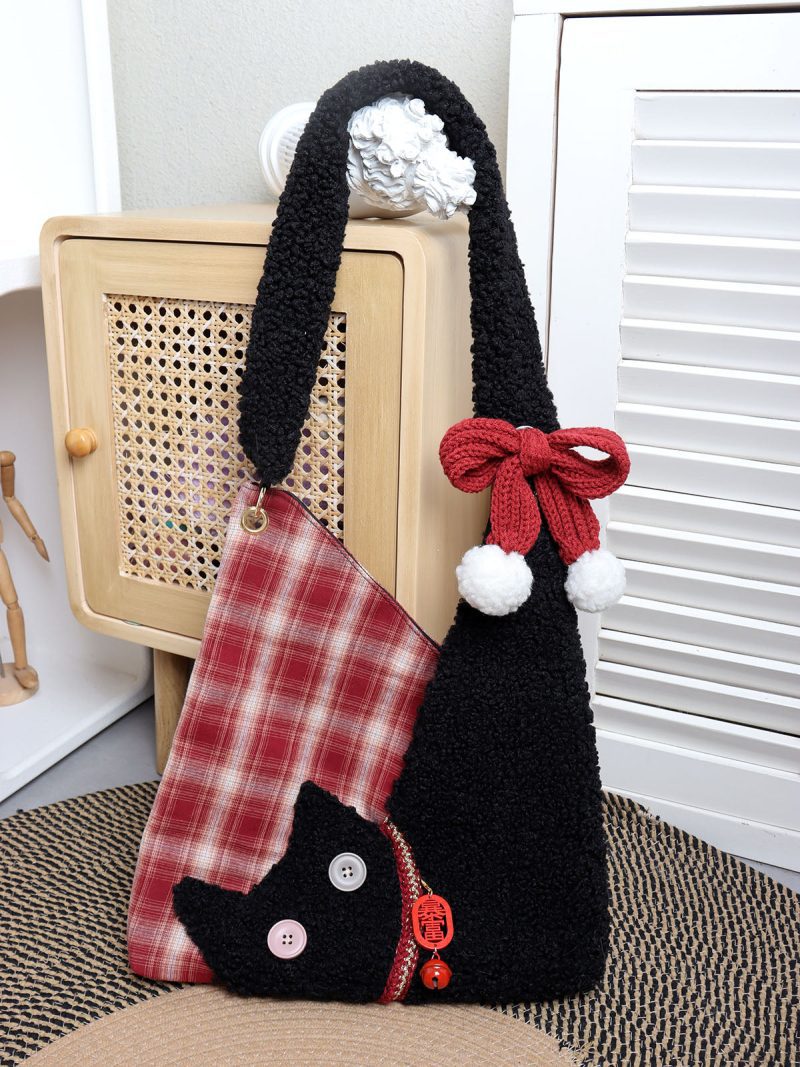 RedPlaidPlushCatBowShoulderBag2