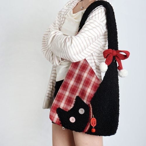 RedPlaidPlushCatBowShoulderBag3