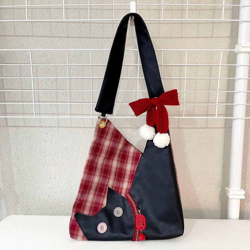 RedPlaidPlushCatBowShoulderBag6