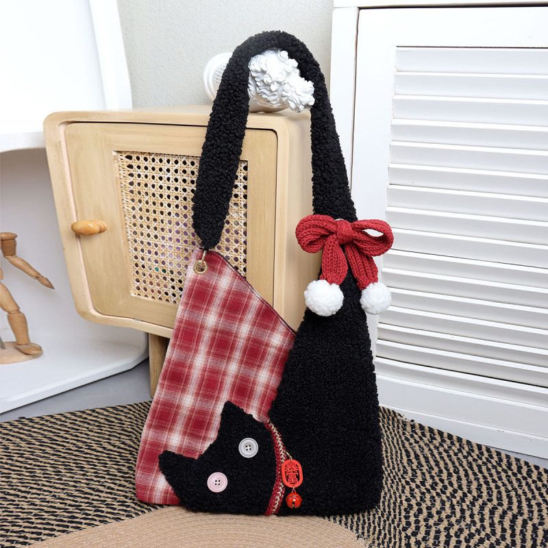 RedPlaidPlushCatBowShoulderBag7